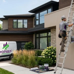 Painting crew and Whales Painting Services van outside a modern home