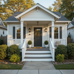 Illustration of a home with a covered porch and landscaped garden